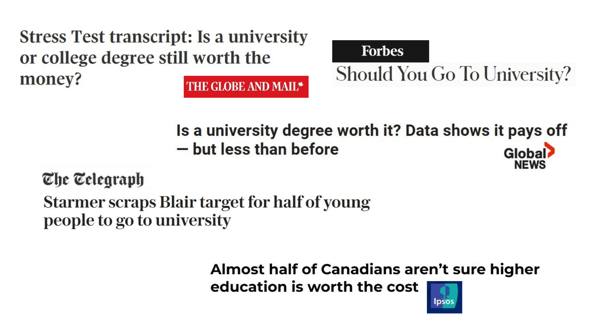 News headlines, all asking versions of "should you go to university?"